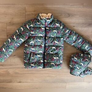 NWOT Boden Quilted jacket with unicorn and forest removable hood